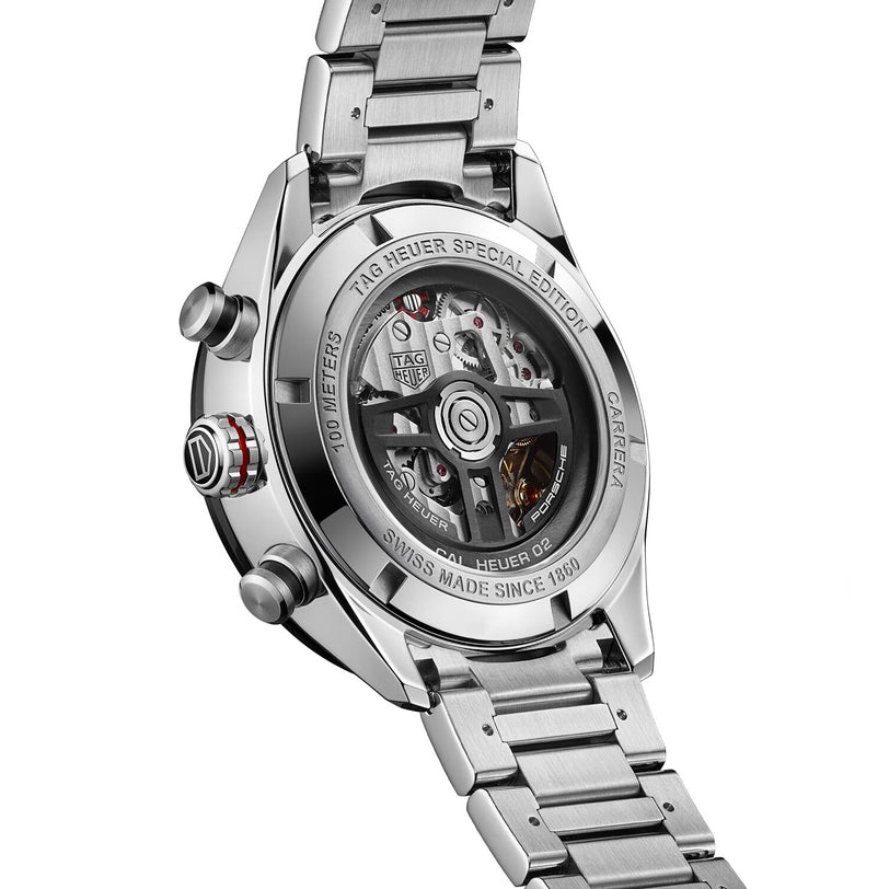 Back view of the TAG Heuer Special Edition Carrera Chronograph x Porsche, highlighting its exposed automatic movement and metal bracelet.