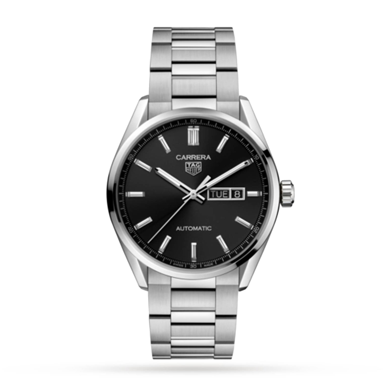 The TAG Heuer Carrera Day-Date features a black azurage dial, silver hour markers, day-date display at 3 o’clock, and Calibre 5 automatic movement, shown against a white background.