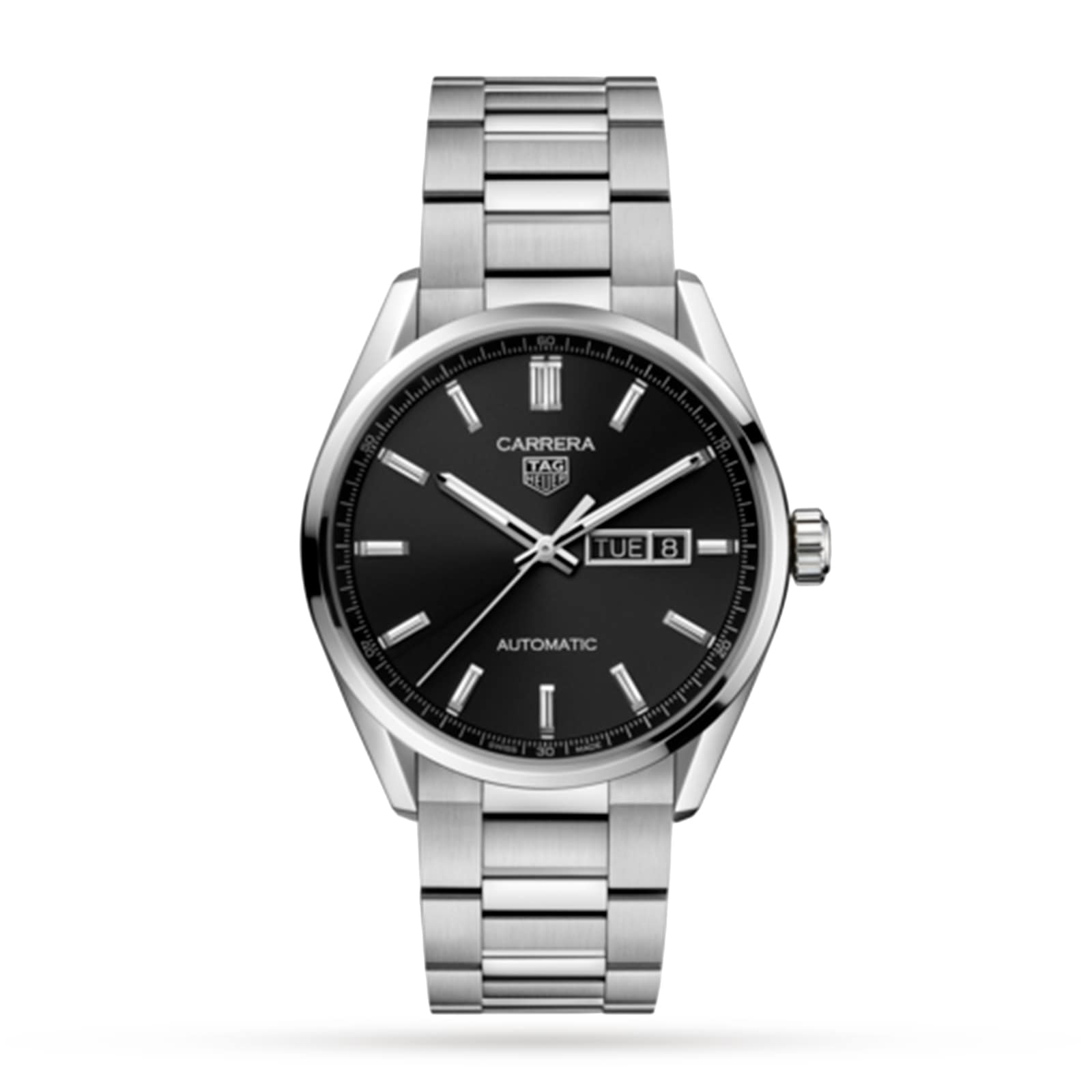 The TAG Heuer Carrera Day-Date features a black azurage dial, silver hour markers, day-date display at 3 o’clock, and Calibre 5 automatic movement, shown against a white background.