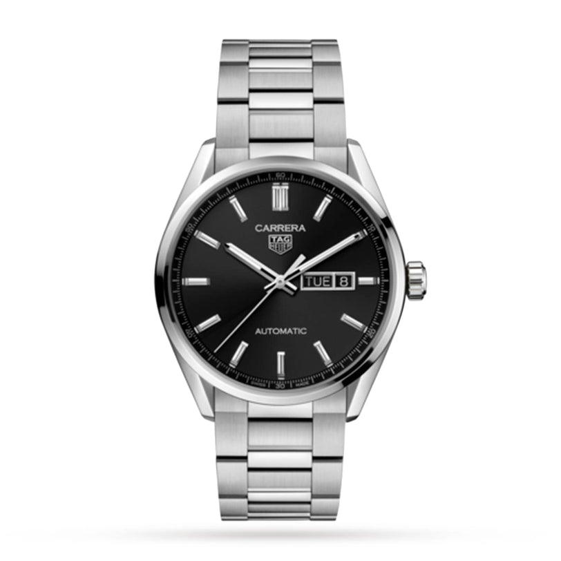 The TAG Heuer Carrera Day-Date features a black azurage dial, silver hour markers, day-date display at 3 o’clock, and Calibre 5 automatic movement, shown against a white background.