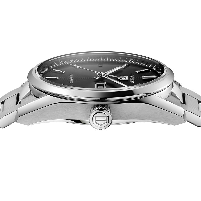 Side view of the TAG Heuer Carrera Day-Date stainless steel wristwatch with a black azurage dial, silver hands, metal bracelet, visible crown and case details, and calibre 5 automatic movement.