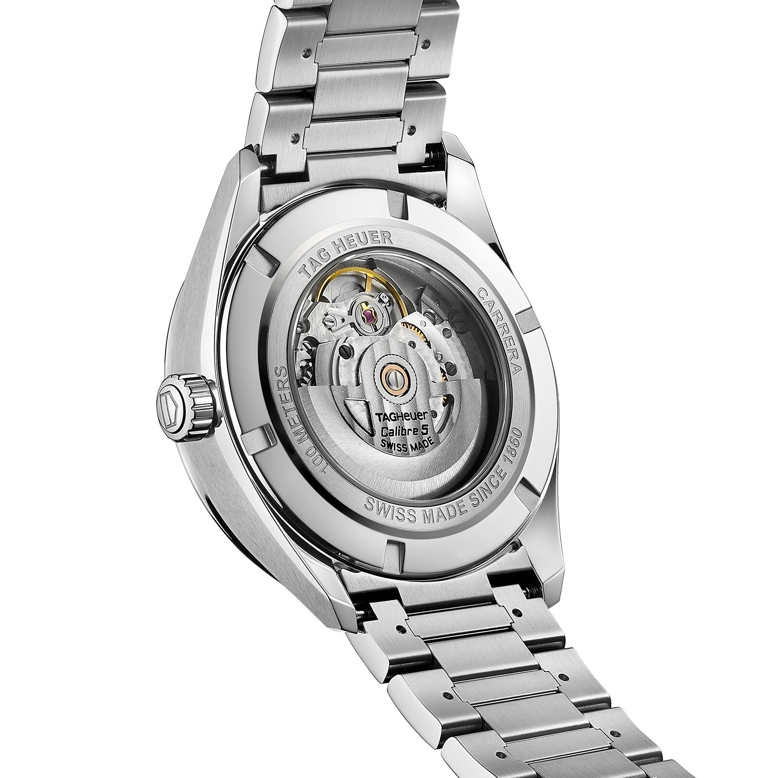 Close-up of the back of a TAG Heuer Carrera Day-Date watch, showing its automatic movement through a transparent case back and paired with a stainless steel bracelet.