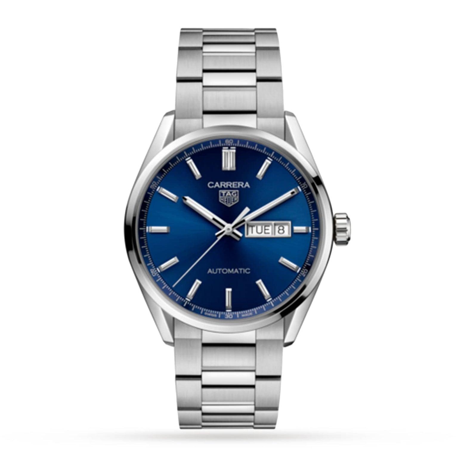 The TAG Heuer Carrera Day-Date is a silver wristwatch with a blue sunray dial, day-date display, calibre 5 automatic movement, and stainless steel bracelet, pictured on a white background.