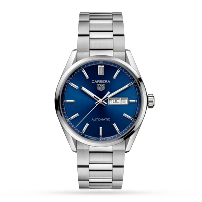 The TAG Heuer Carrera Day-Date is a silver wristwatch with a blue sunray dial, day-date display, calibre 5 automatic movement, and stainless steel bracelet, pictured on a white background.
