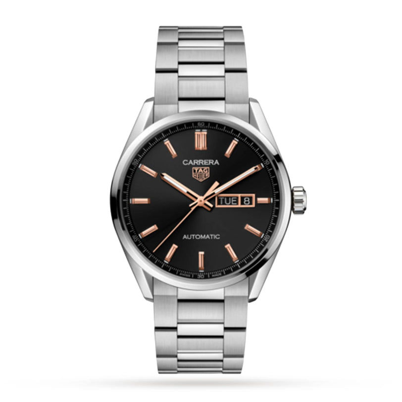 A TAG Heuer Carrera Day-Date wristwatch in stainless steel features a black dial with rose gold markers and hands, day-date display at 3 o’clock, and is powered by a precision calibre 5 automatic movement.