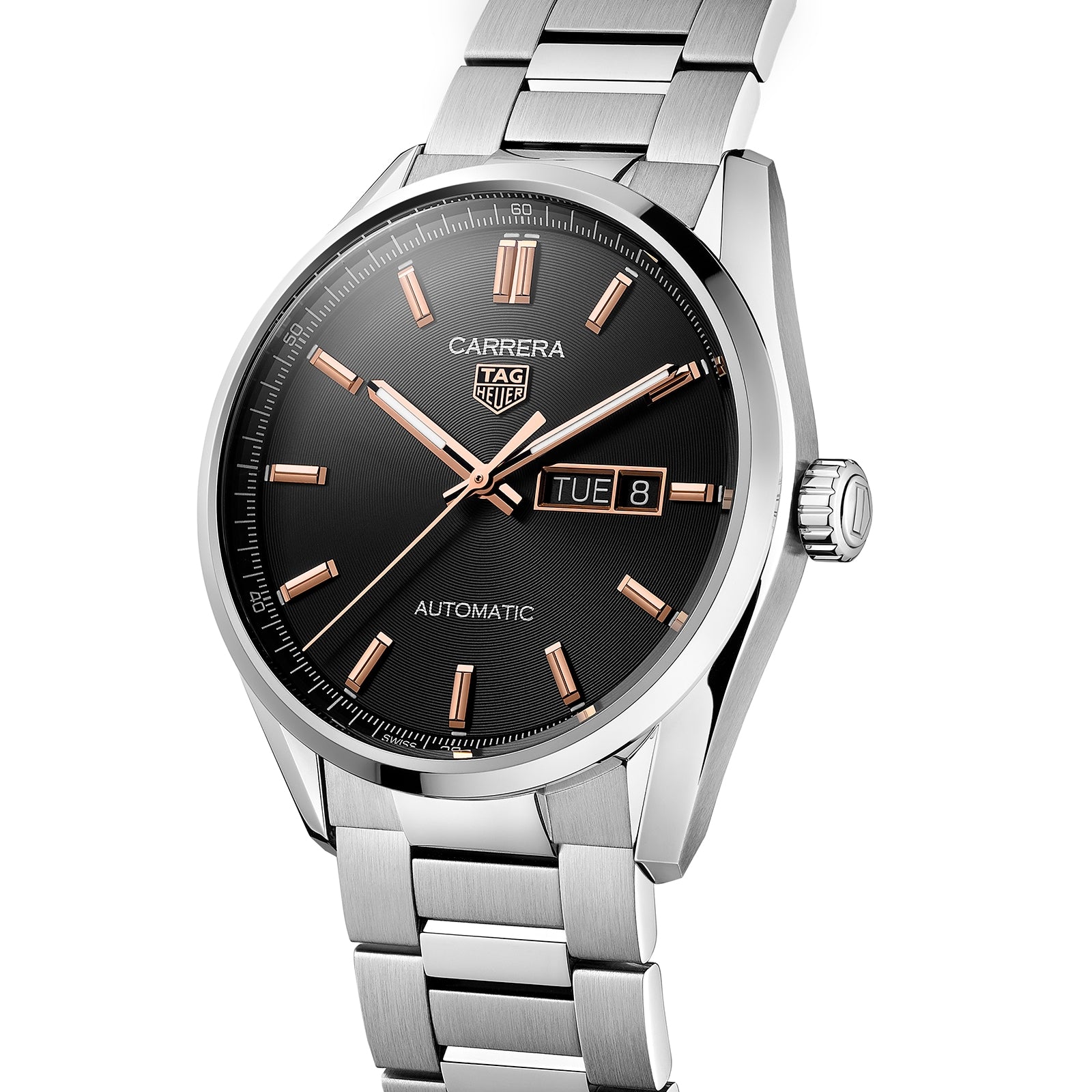 The TAG Heuer Carrera Day-Date wristwatch features a black dial, gold-tone markers, day-date display, stainless steel bracelet, and Calibre 5 automatic movement for lasting style.