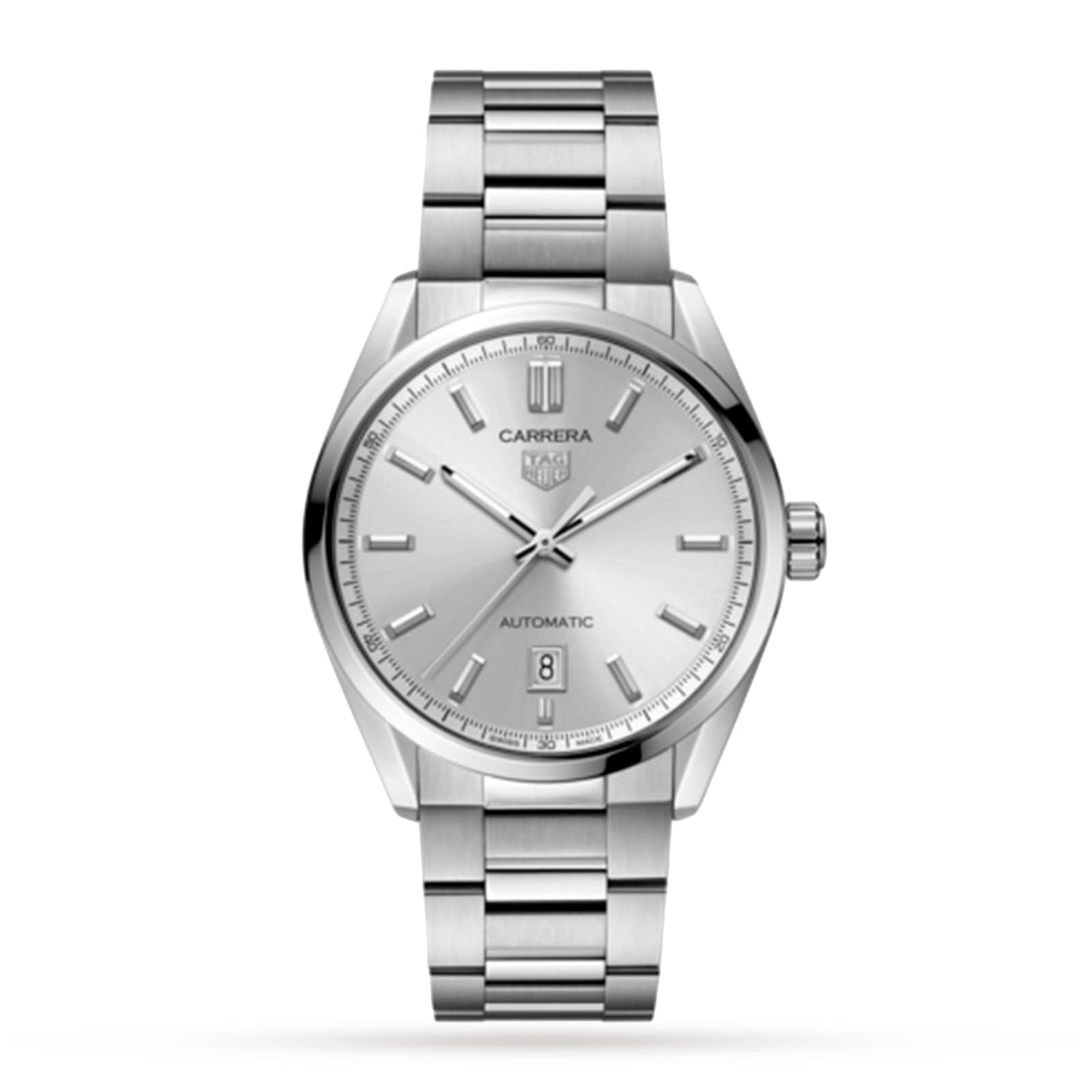The TAG Heuer Carrera Date features a silver stainless steel bracelet, silver dial with minimalist markers on white, date at 6 o’clock, and is powered by the precise Calibre 5 automatic movement.