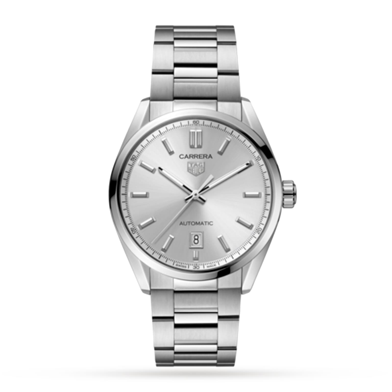 The TAG Heuer Carrera Date features a silver stainless steel bracelet, silver dial with minimalist markers on white, date at 6 o’clock, and is powered by the precise Calibre 5 automatic movement.