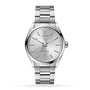 The TAG Heuer Carrera Date features a silver stainless steel bracelet, silver dial with minimalist markers on white, date at 6 o’clock, and is powered by the precise Calibre 5 automatic movement.