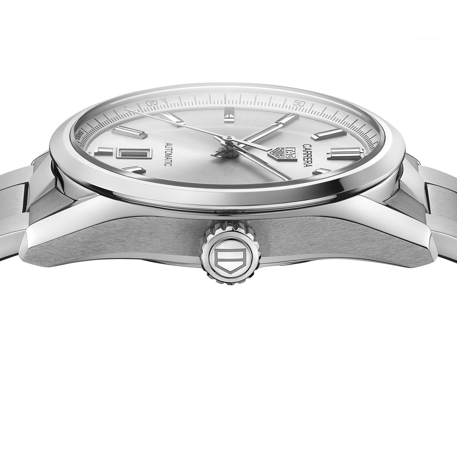 A close-up side view of a silver TAG Heuer Carrera Date wristwatch, showcasing a stainless steel case and bracelet.