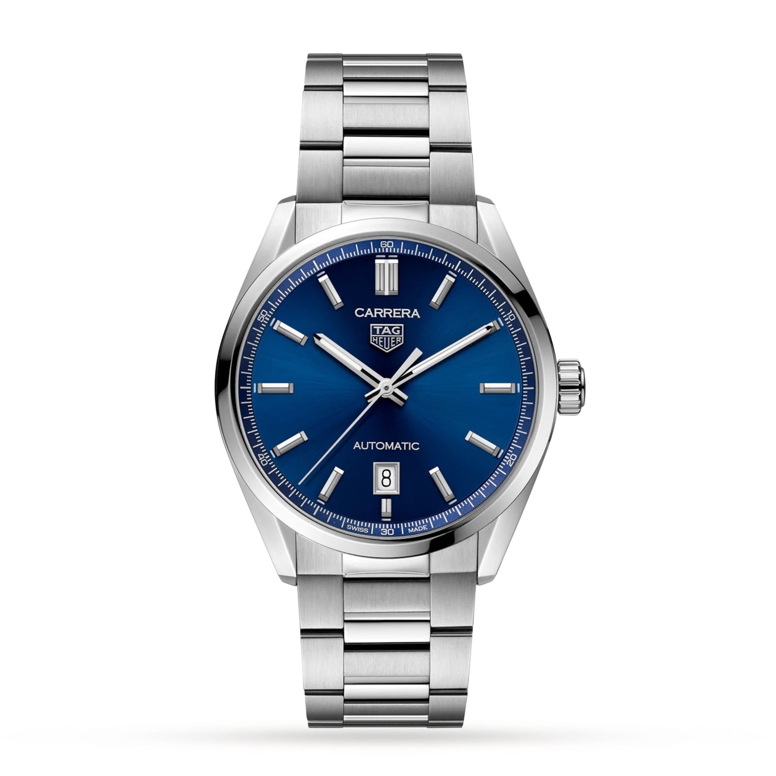 The TAG Heuer Carrera Date features a blue dial with silver markers and hands, date display at 6 o’clock, and a stainless steel bracelet. Powered by a Calibre 5 automatic movement for precision timekeeping.