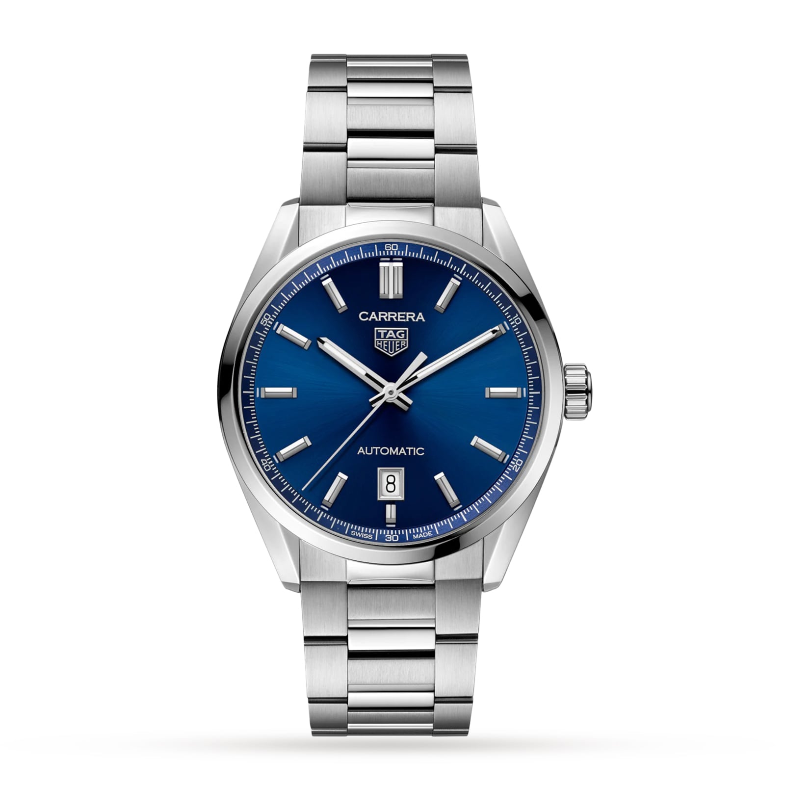 The TAG Heuer Carrera Date features a blue dial with silver markers and hands, date display at 6 o’clock, and a stainless steel bracelet. Powered by a Calibre 5 automatic movement for precision timekeeping.