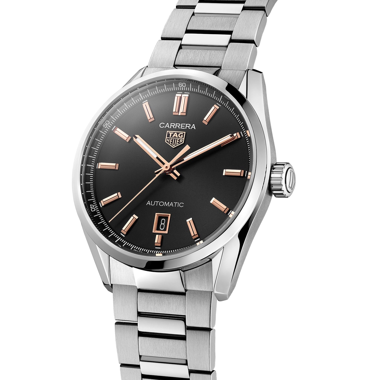 The TAG Heuer Carrera Date features a stainless steel case, black dial, rose gold-tone markers, a date window at 6 oclock, Calibre 5 movement, and a sleek metal link bracelet.