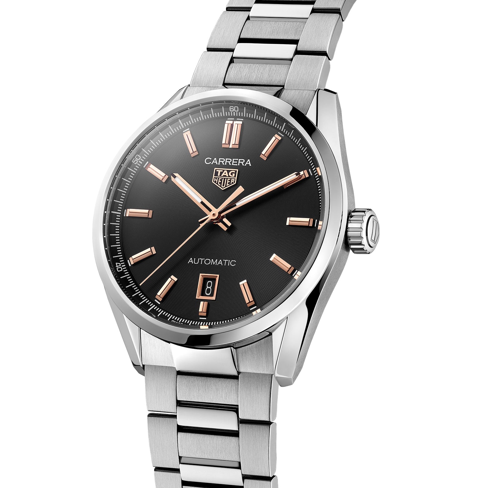 The TAG Heuer Carrera Date features a stainless steel case, black dial, rose gold-tone markers, a date window at 6 oclock, Calibre 5 movement, and a sleek metal link bracelet.