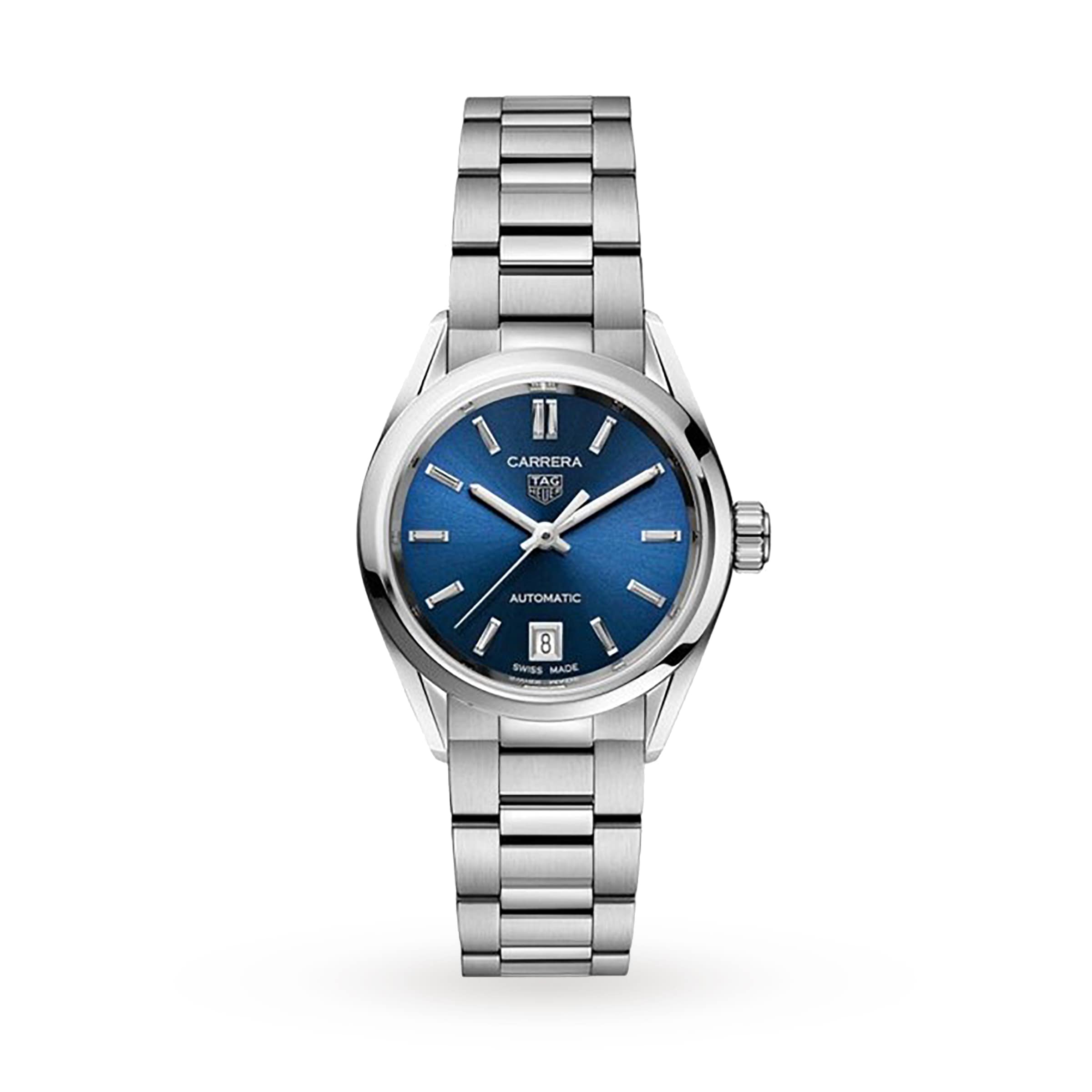 The TAG Heuer Carrera Date features a blue sunray dial, silver hour markers, date at 6 o’clock, and a stainless steel bracelet with calibre 9 automatic movement.