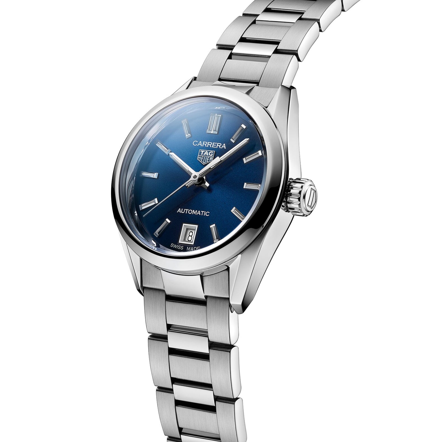 The TAG Heuer Carrera Date features a blue sunray dial, silver hour markers, date at 6 o’clock, and is powered by the calibre 9 automatic movement in a stainless steel design.