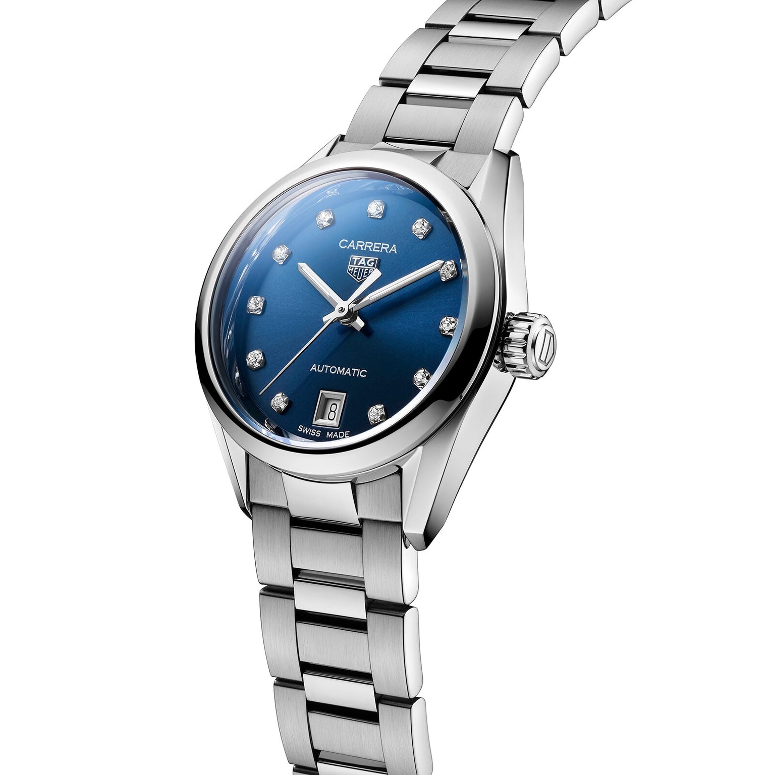 The TAG Heuer Carrera Date features a blue sunray dial with diamond hour markers, a date display at 6 o’clock, and a stainless steel bracelet.