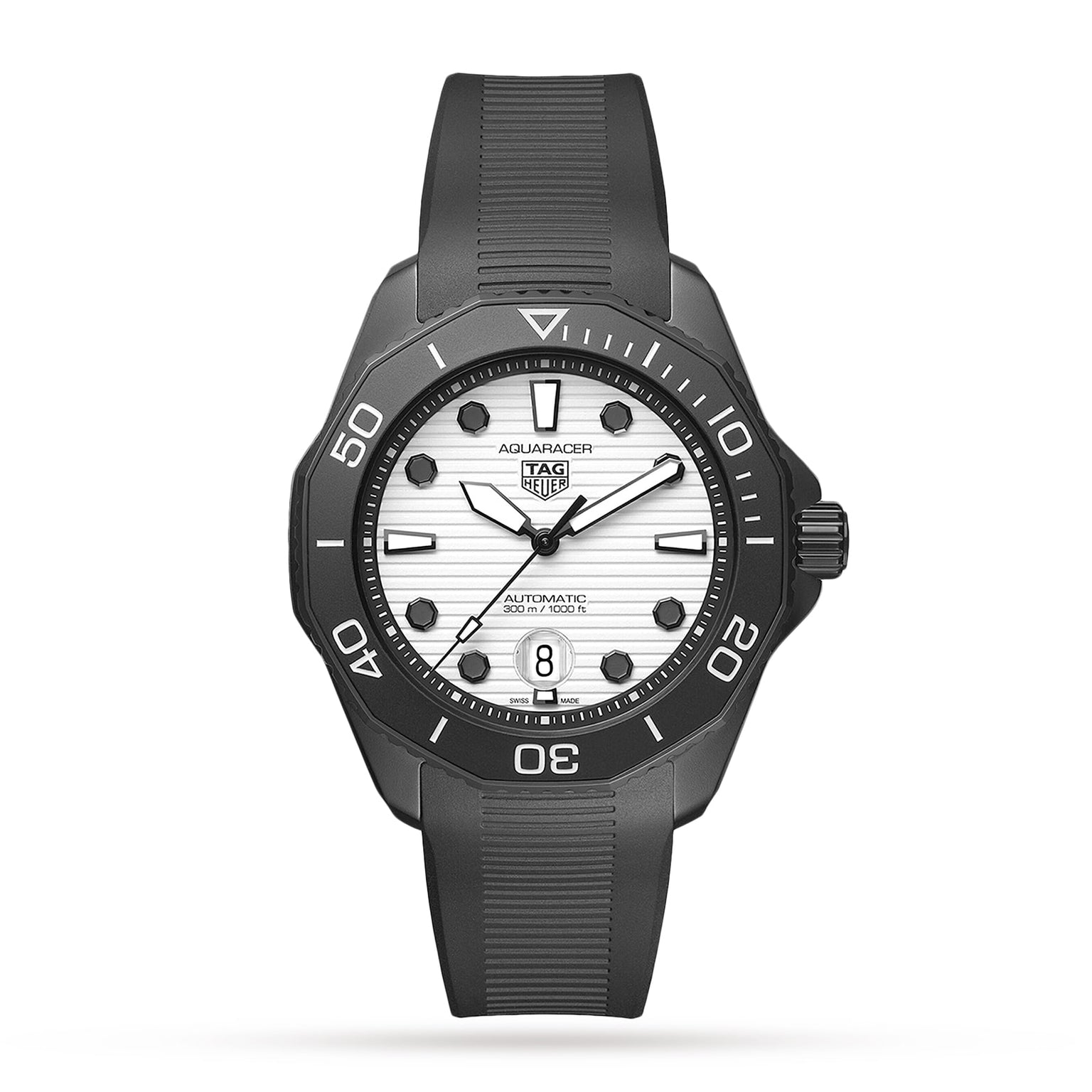 A TAG Heuer Aquaracer Professional 300 Date wristwatch with a white dial, black hour markers, black bezel, and black rubber strap is displayed against a plain white background.