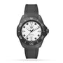 A TAG Heuer Aquaracer Professional 300 Date wristwatch with a white dial, black hour markers, black bezel, and black rubber strap is displayed against a plain white background.
