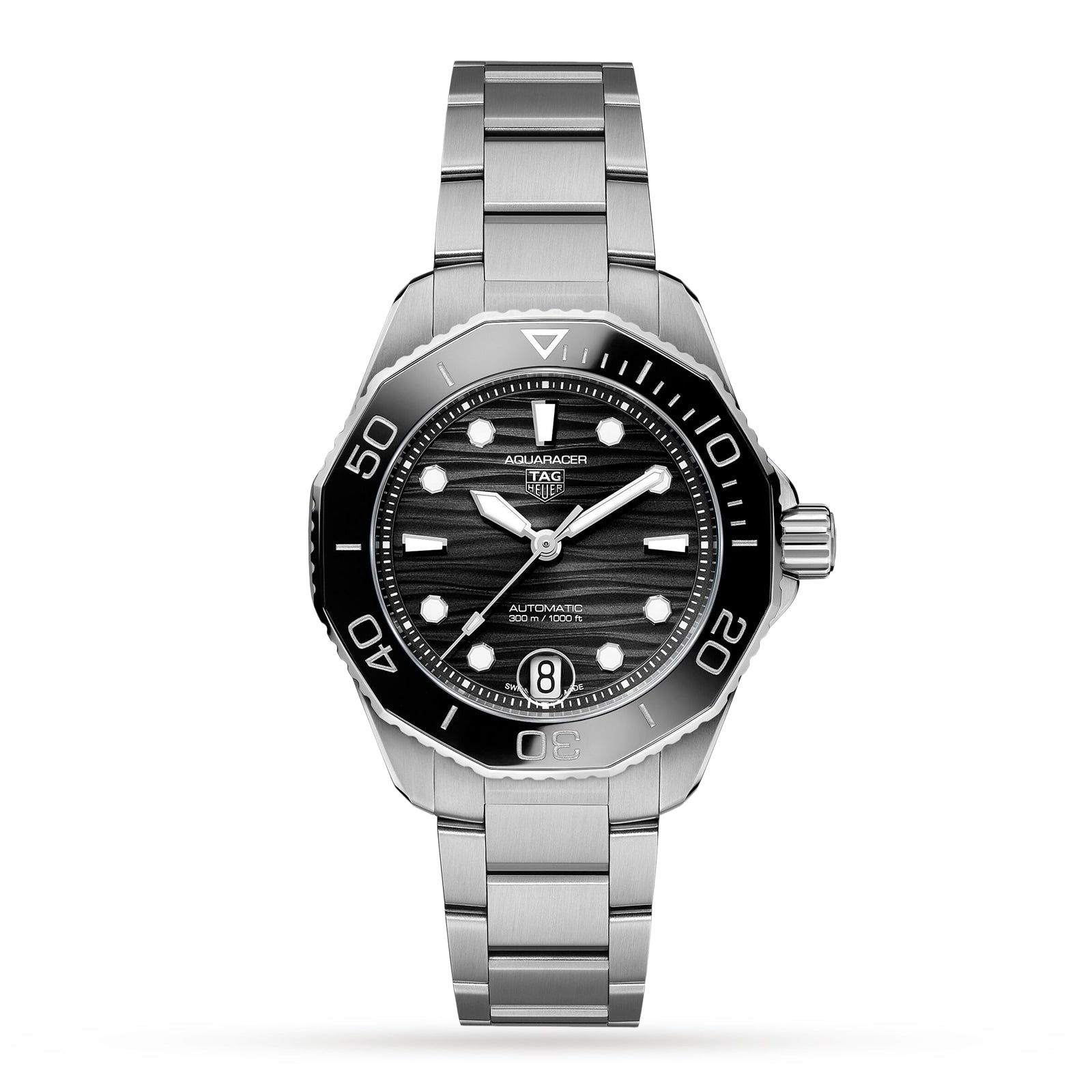 The TAG Heuer Aquaracer Professional 300 Date features a stainless steel case, black dial, silver hour markers, black bezel, and a date window at 6 o’clock, shown on a white background.