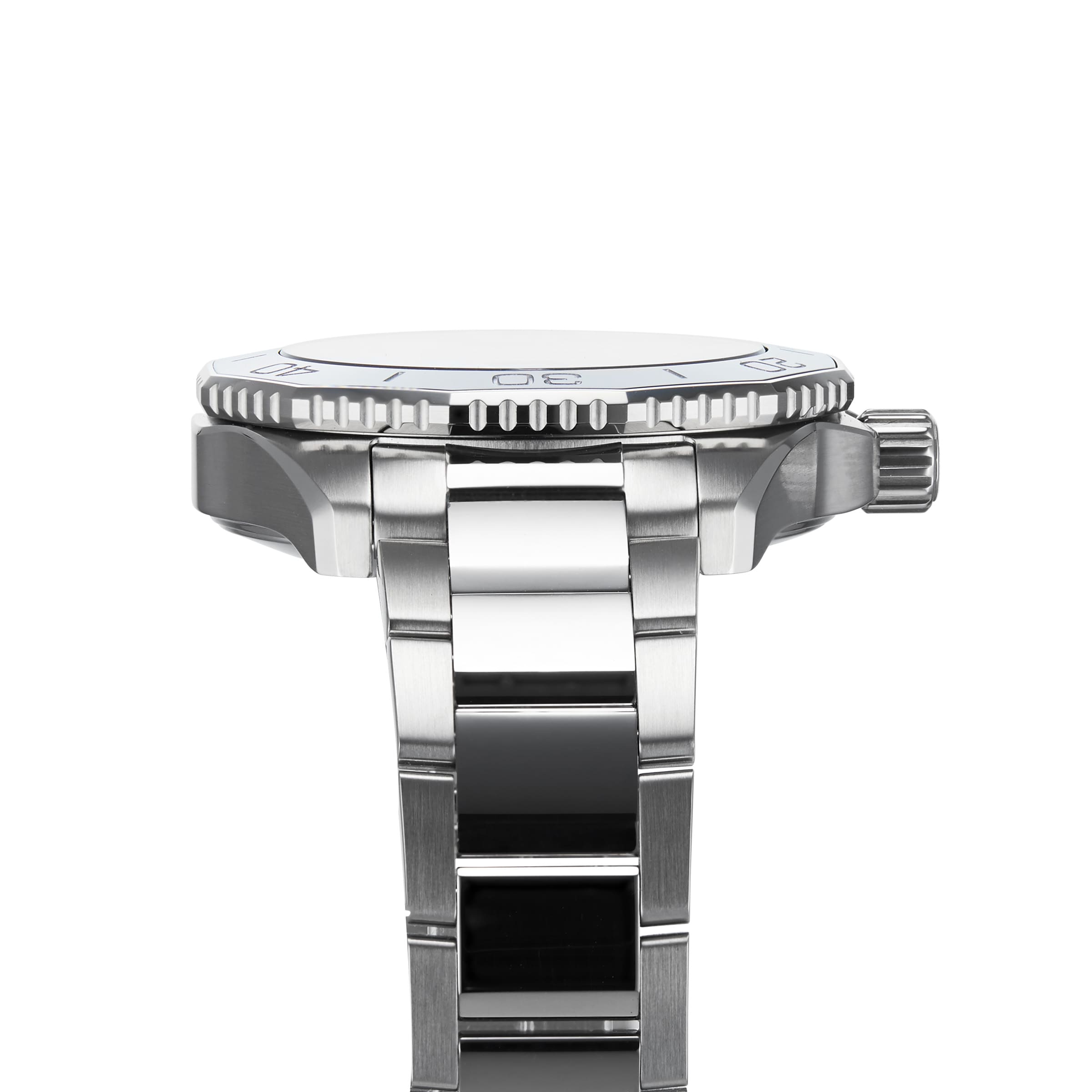 Close-up side view of the TAG Heuer Aquaracer Professional 300 Date with stainless steel case and metal bracelet, focusing on the bezel, crown, and polished links.