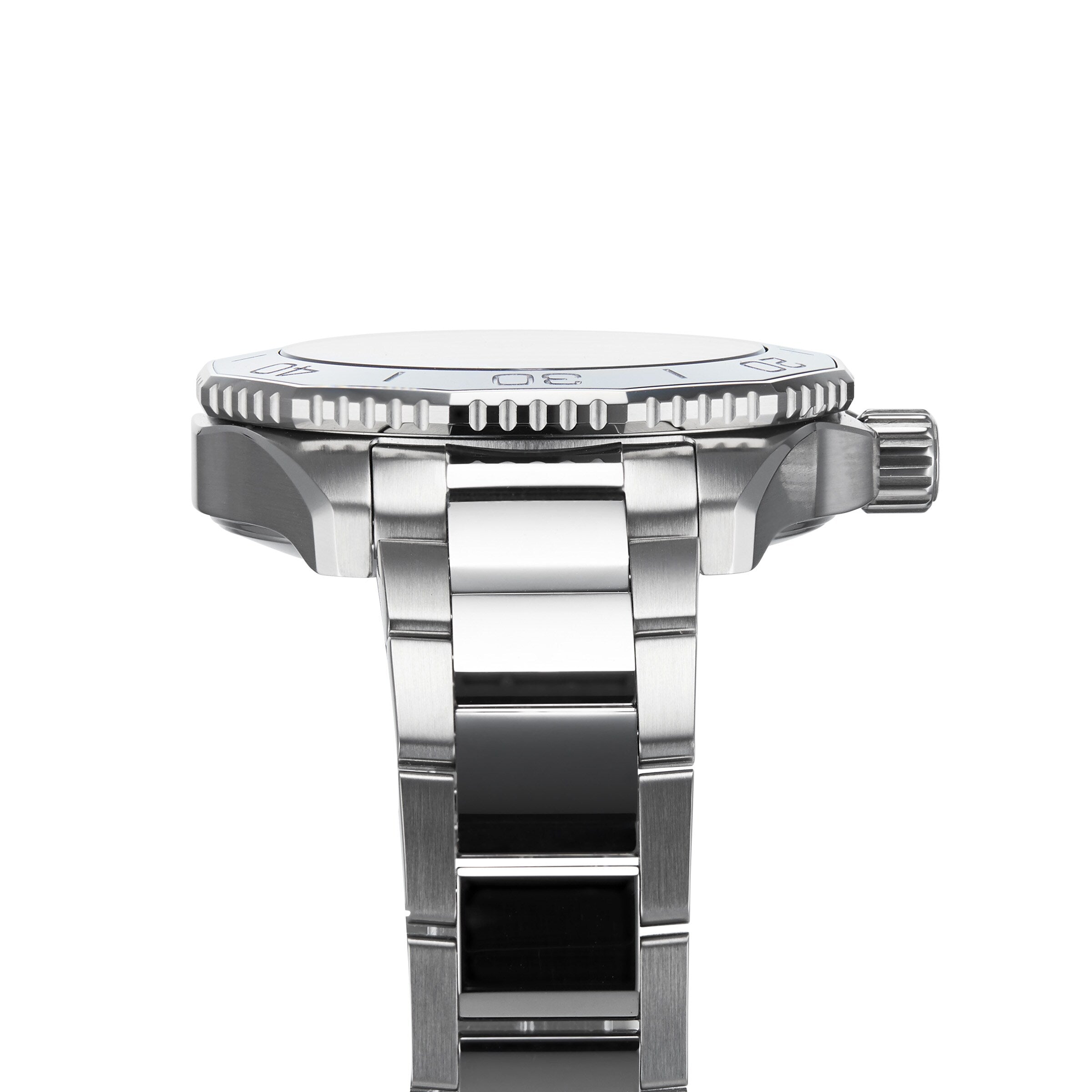A close-up side view of the TAG Heuer Aquaracer Professional 300 Date in silver metal, highlighting the bezel, crown, and part of the bracelet against a white background.