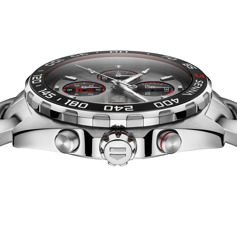 Close-up side view of the TAG Heuer Special Edition Formula 1 Senna, a stainless steel timepiece with a black bezel, pushers, and crown.