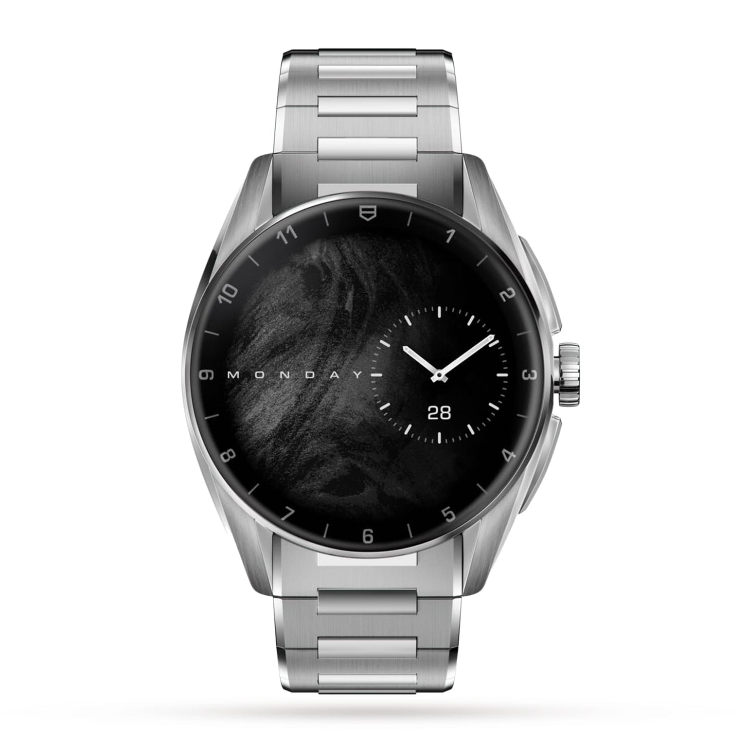 The TAG Heuer Connected Calibre E4 is a silver luxury smartwatch with a black marble face, showing Monday, the 28th, and a right-aligned analog subdial—an elegant showcase of cutting-edge technology.