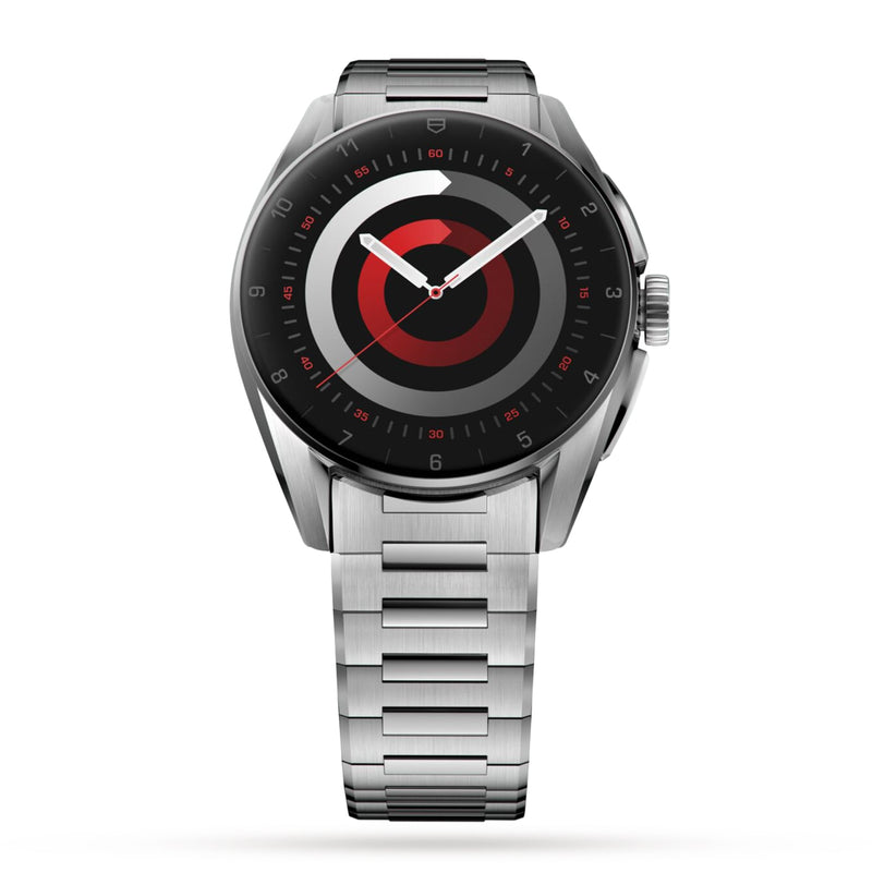 The TAG Heuer Connected Calibre E4 is a luxury smartwatch featuring a silver metal band, black face with red and black concentric circles, minimal hour markers, and advanced technology for an elevated experience.