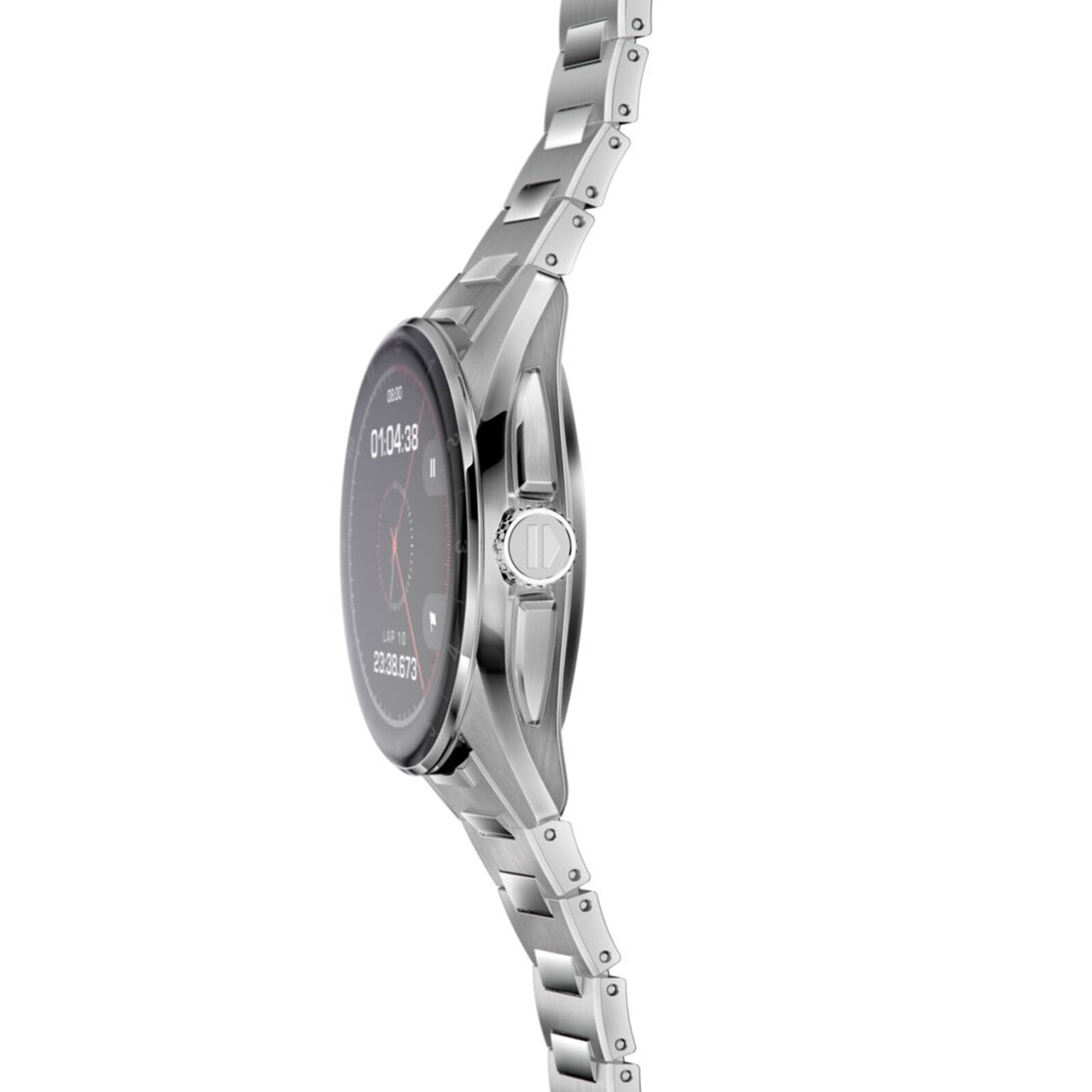 Profile view of the TAG Heuer Connected Calibre E4 luxury smartwatch with a silver metal band, side button, and digital display showing time and data, highlighting advanced technology.