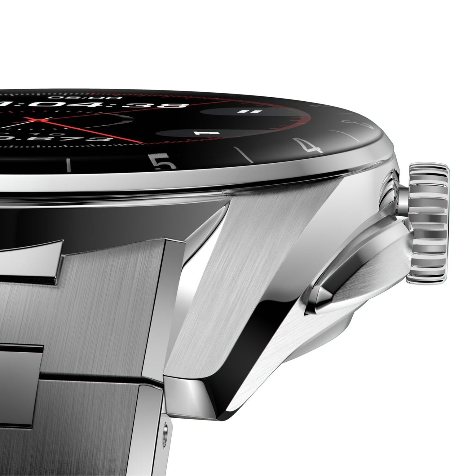 Close-up of the TAG Heuer Connected Calibre E4 smartwatch in silver with a black bezel, textured crown, and part of its metal bracelet visible.