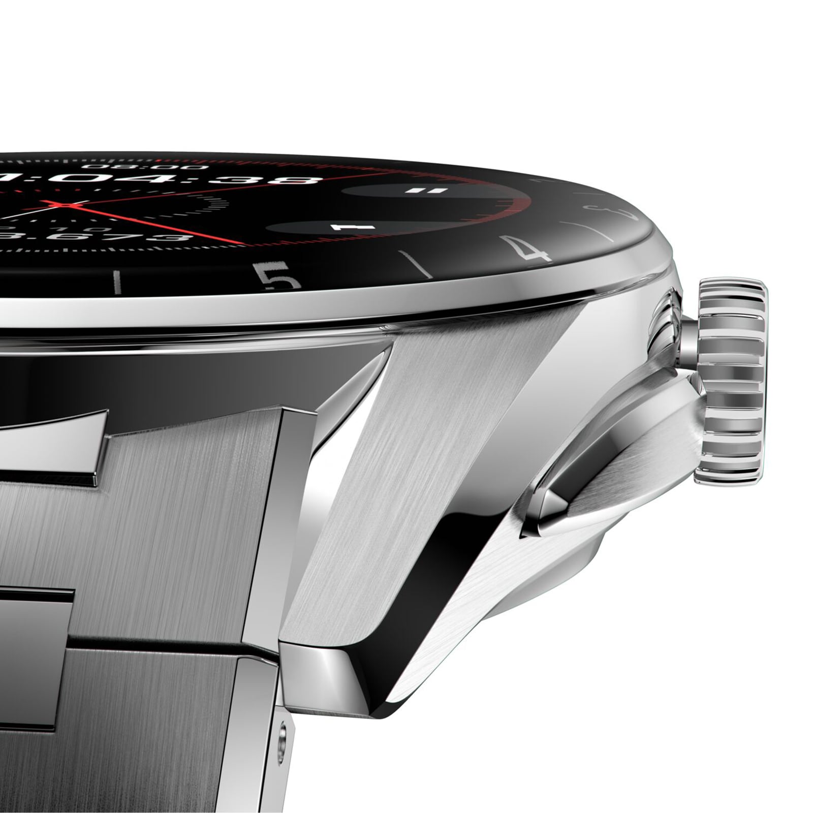 Close-up of the TAG Heuer Connected Calibre E4 smartwatch in silver with a black bezel, textured crown, and part of its metal bracelet visible.
