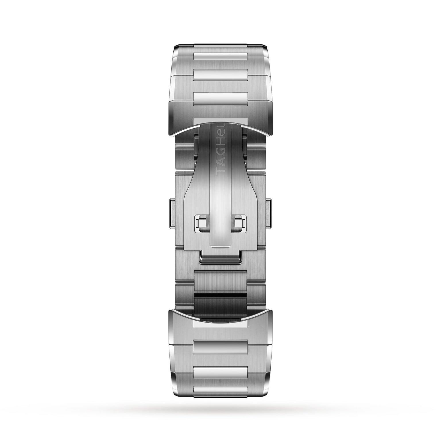 The TAG Heuer Connected Calibre E4 luxury smartwatch is displayed against a white background with a stainless steel bracelet and deployment clasp engraved with the TAG Heuer logo.