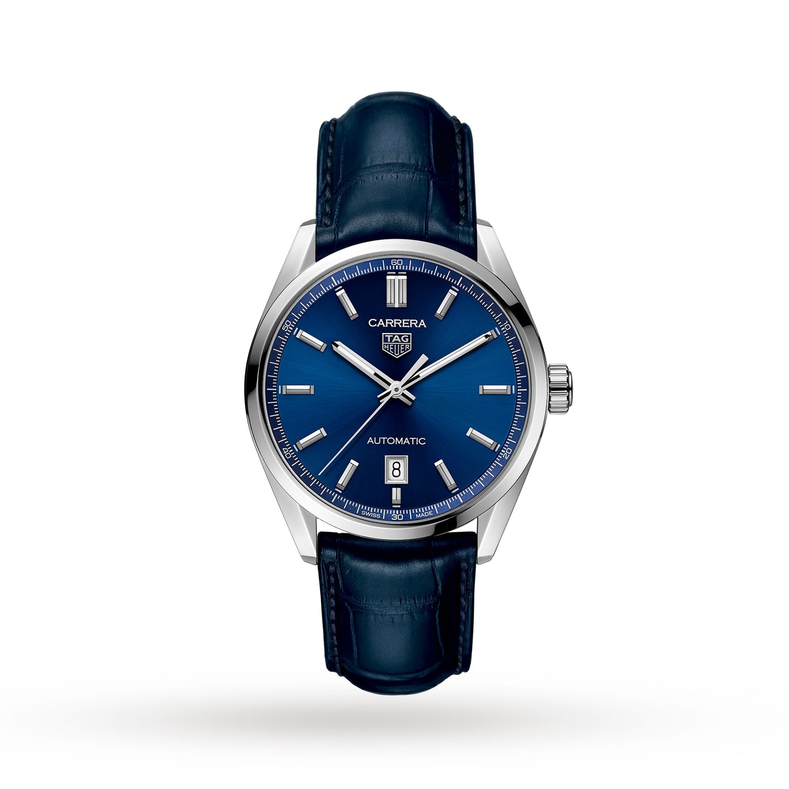 The TAG Heuer Carrera Date features a blue dial, silver hour markers, date at 6 o’clock, and a blue leather strap—powered by Calibre 5 automatic movement for lasting performance.
