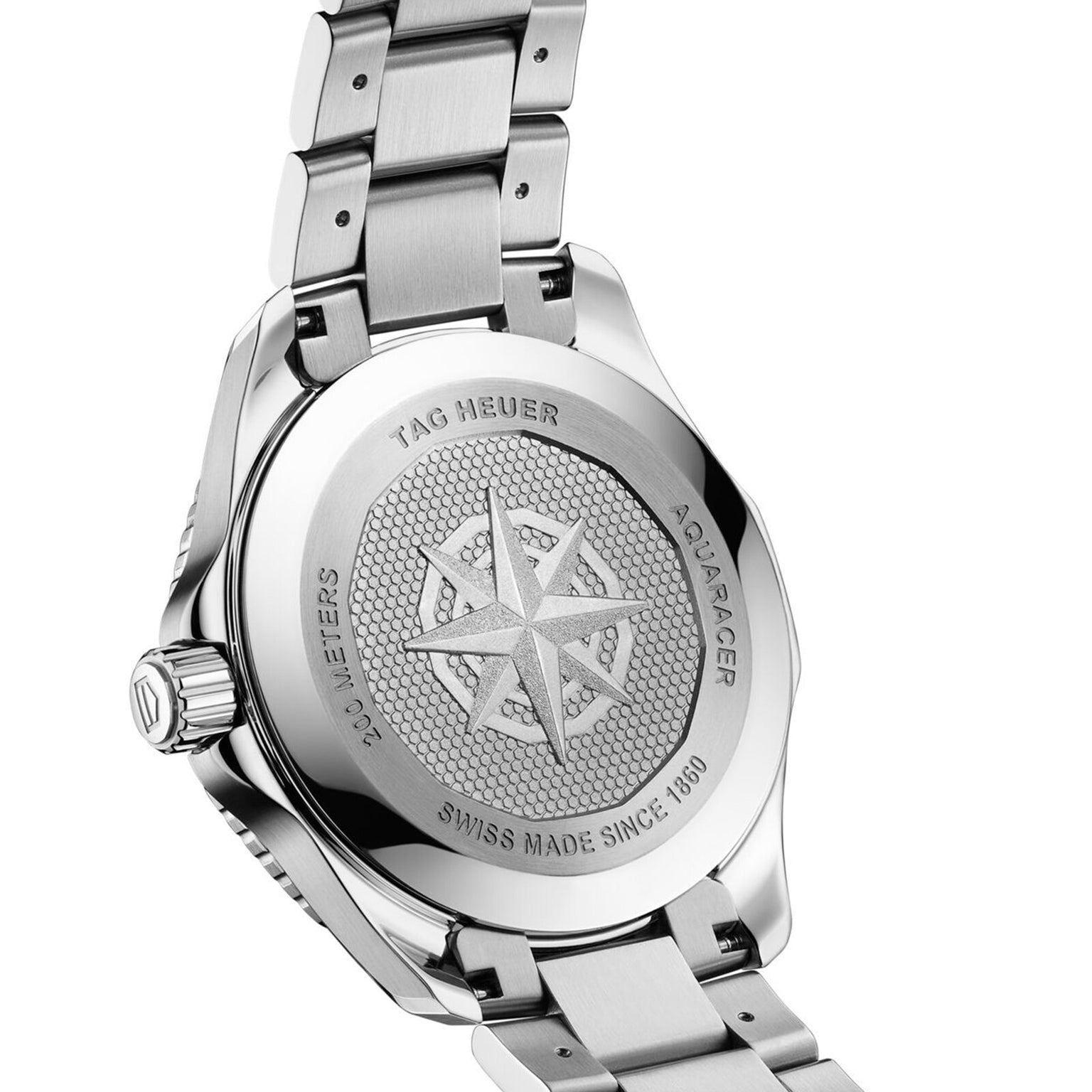 Back view of the TAG Heuer Aquaracer Professional 200 showing its stainless steel case back with a detailed compass engraving and inscriptions noting water resistance and Swiss origin.