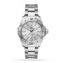 The TAG Heuer Aquaracer Professional 200 features a stainless steel case and band, silver dial, unidirectional bezel, and precise quartz movement, shown against a white background.