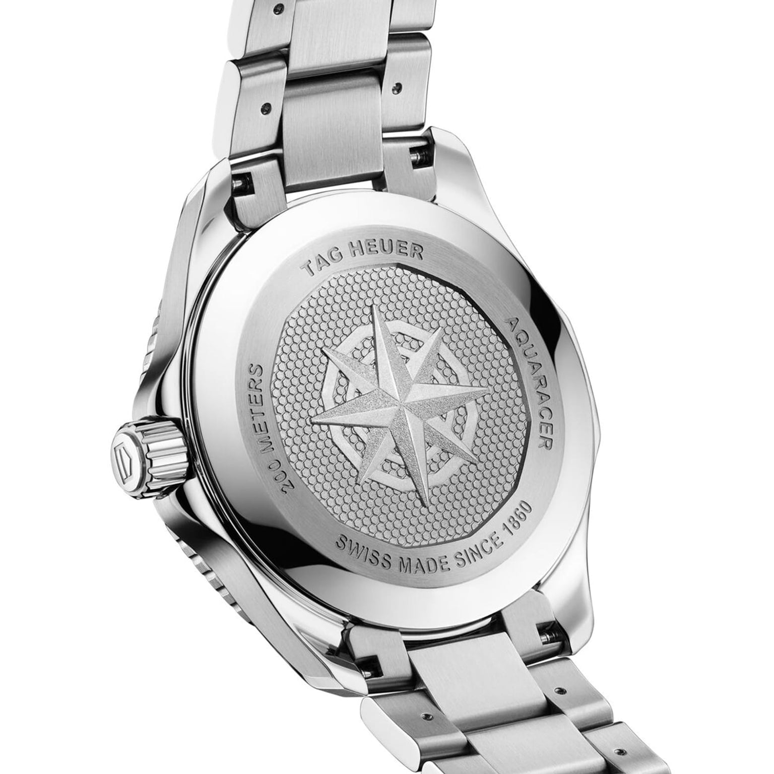 Close-up of the back of a TAG Heuer Aquaracer Professional 200 watch, displaying its engraved logo, Swiss heritage, water resistance specs, and sturdy stainless steel case.