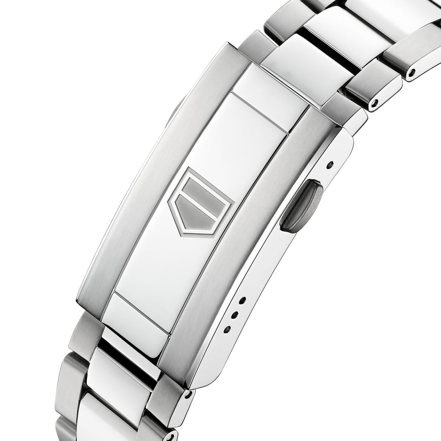 Close-up of the TAG Heuer Aquaracer Professional 200’s stainless steel bracelet clasp, featuring a geometric shield logo and brushed metallic finish, showcasing the precision and style of its quartz movement.