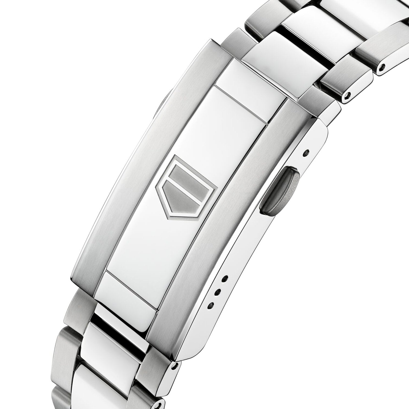 Close-up of the TAG Heuer Aquaracer Professional 200’s stainless steel bracelet clasp, featuring a geometric shield logo and brushed metallic finish, showcasing the precision and style of its quartz movement.