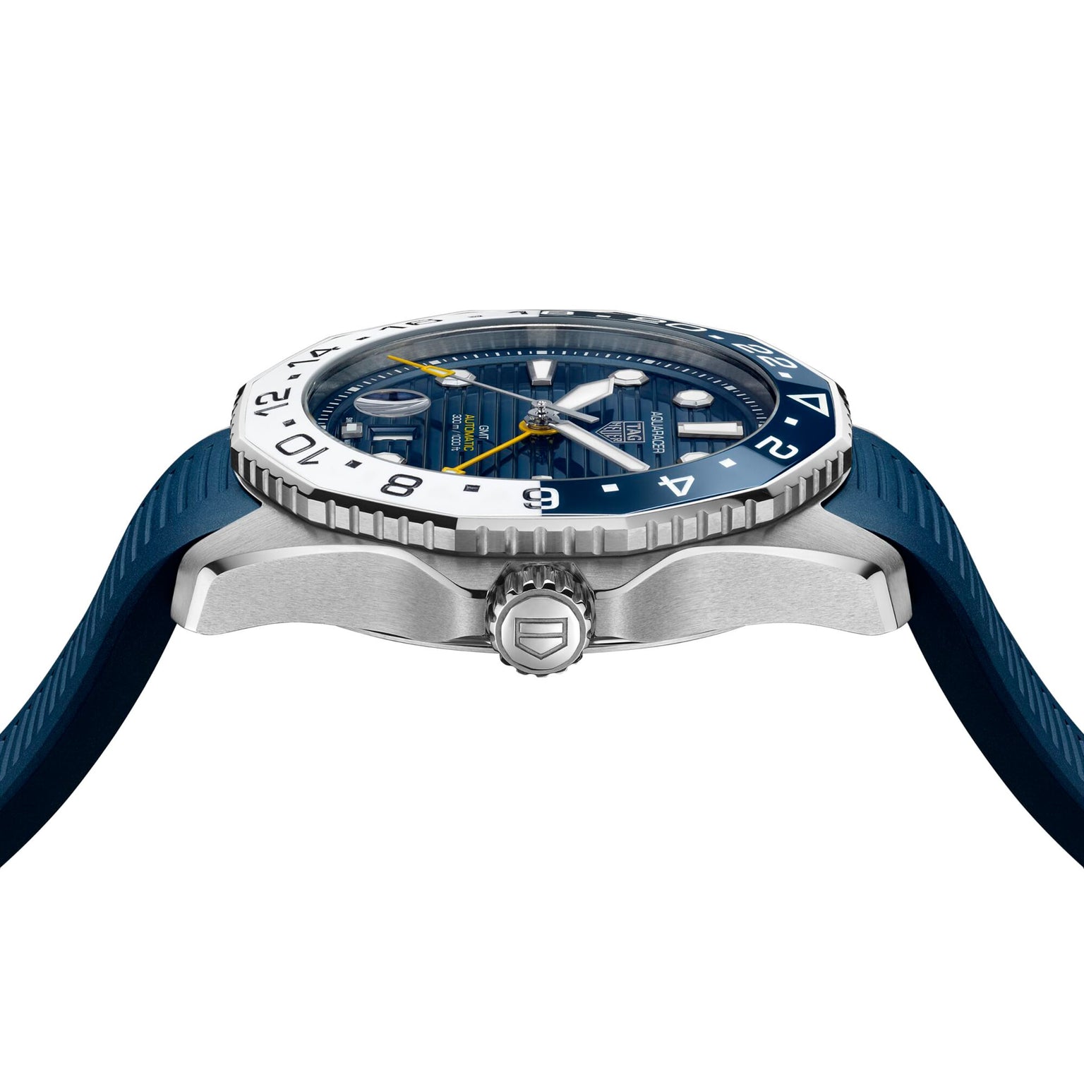 Side view of the TAG Heuer Aquaracer Professional 300 GMT with a blue strap, silver case, white and blue bezel, blue dial, silver crown, and precise GMT movement.