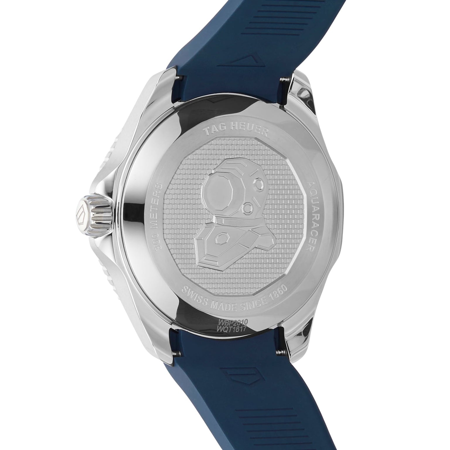 The back of the TAG Heuer Aquaracer Professional 300 GMT features an engraved diving helmet and text marking its Swiss origin and 300m water resistance, paired with a sporty blue strap.