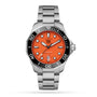 The TAG Heuer Aquaracer Professional 300 Orange Diver is a silver dive watch with an orange dial, black bezel, and shows the time 10:10.
