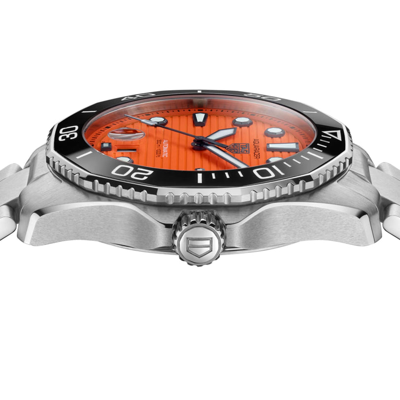 A close-up side view of the TAG Heuer Aquaracer Professional 300 Orange Diver, featuring a vibrant orange dial, black bezel, silver crown, and a detailed 43mm stainless steel case and bezel design.