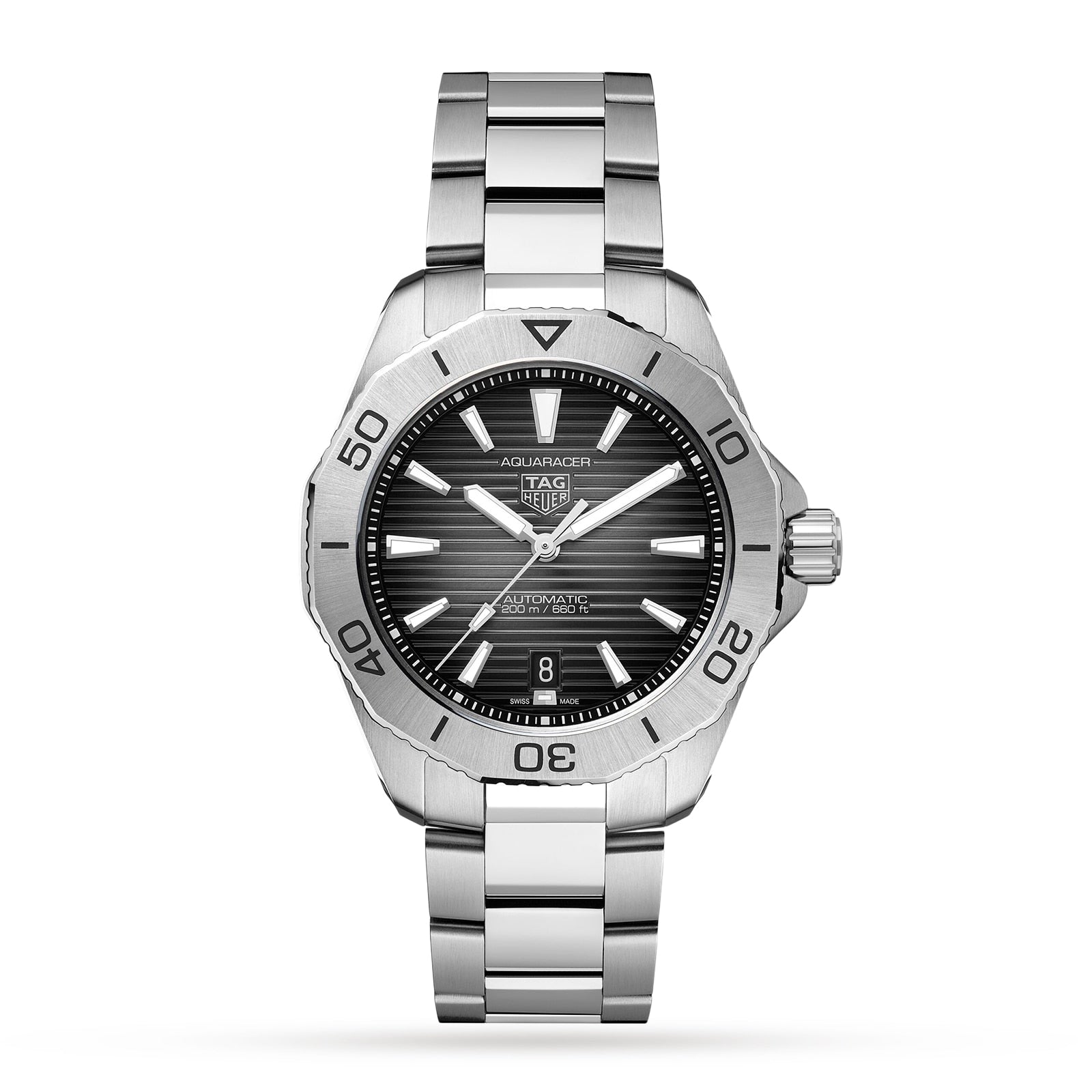 The TAG Heuer Aquaracer Professional 200 Date is a stainless steel wristwatch featuring a black dial, bold hour markers, automatic Calibre 5 movement, and a date window at 6 o’clock, displayed against a white background.