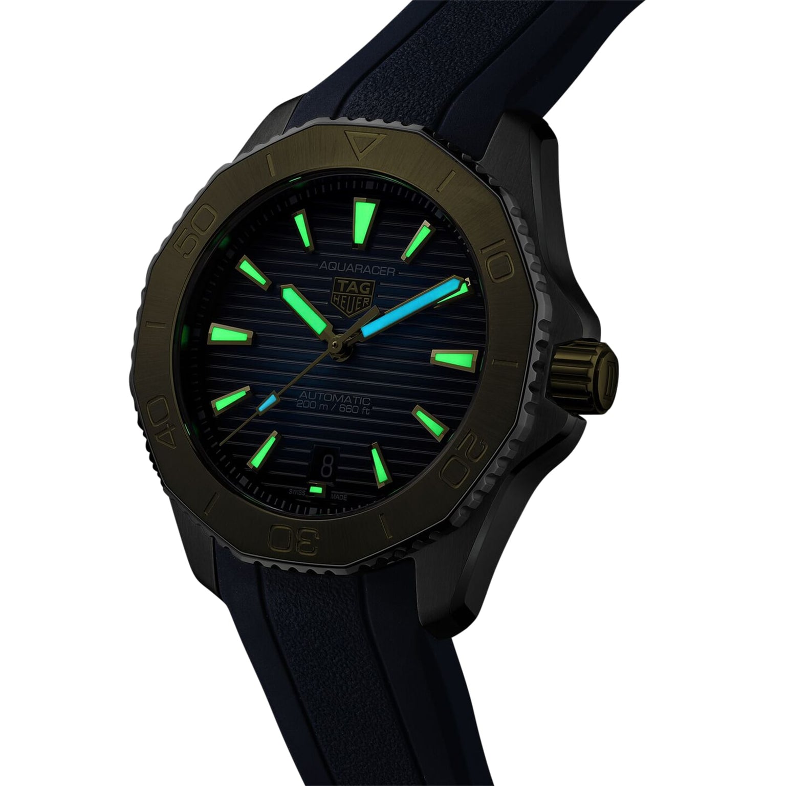 Close-up of the TAG Heuer Aquaracer Professional 200 Date watch, showcasing a dark dial, luminous green markers and hands, matte bezel, and a dark strap.