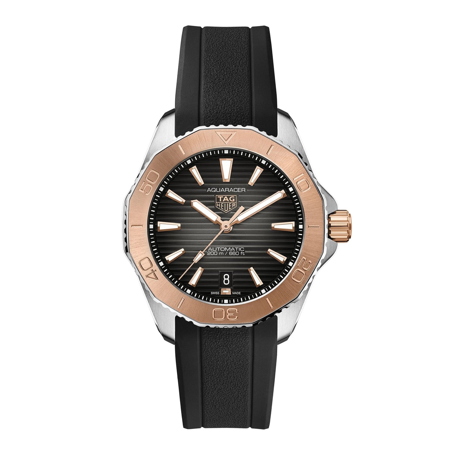 The TAG Heuer Aquaracer Professional 200 sports watch features a black textured dial, date display, two-tone rose gold and silver bezel, black rubber strap, and is powered by the Calibre 5 automatic movement.