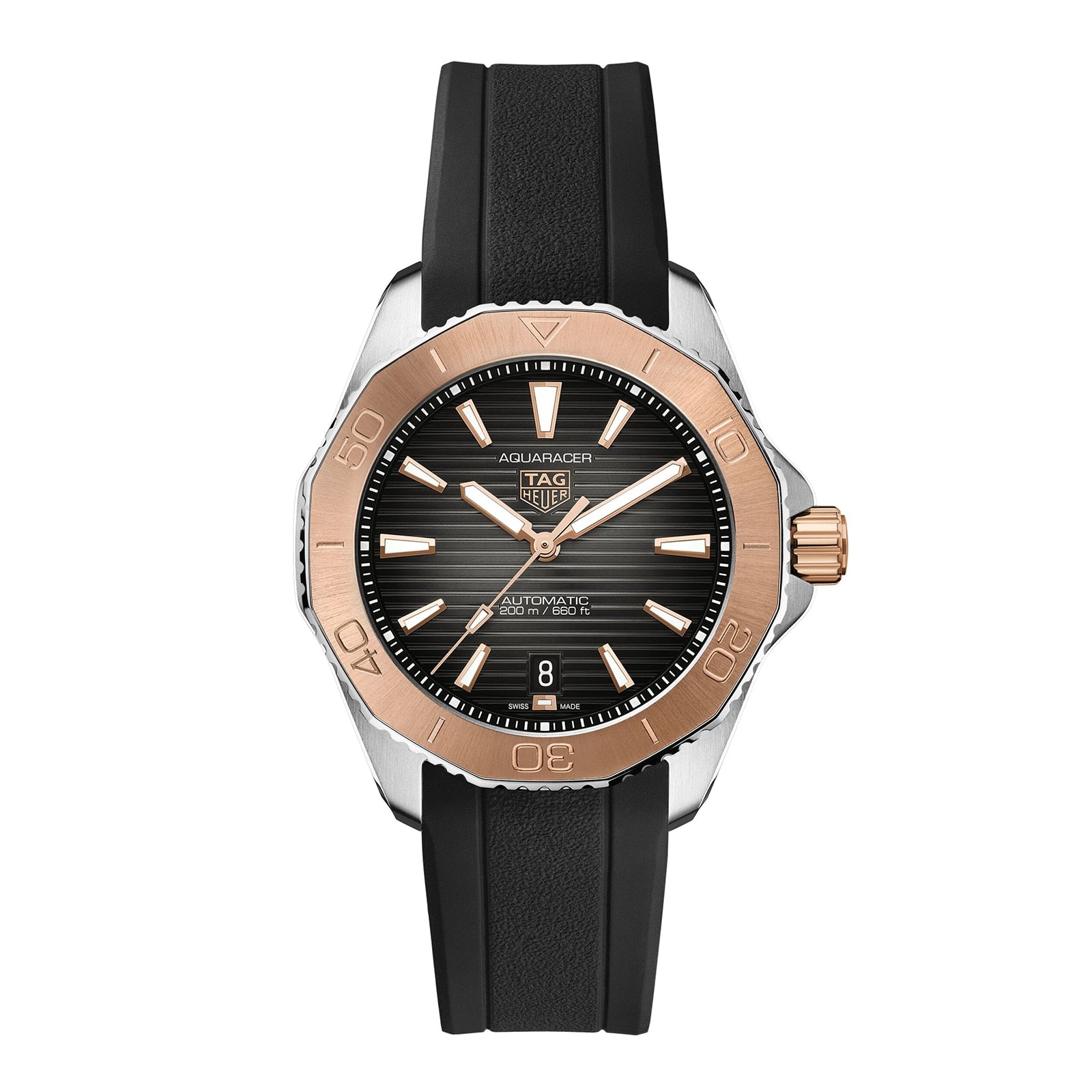 The TAG Heuer Aquaracer Professional 200 sports watch features a black textured dial, date display, two-tone rose gold and silver bezel, black rubber strap, and is powered by the Calibre 5 automatic movement.