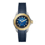 The TAG Heuer Aquaracer Professional 200 Date is a luxury sports watch with a blue face, gold bezel, diamond hour markers, and a dark blue rubber strap.