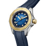 The TAG Heuer Aquaracer Professional 200 Date sports watch features a blue dial, gold bezel, diamond hour markers, and a stylish blue rubber strap.