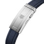 Close-up of the silver metal clasp, engraved with the TAG Heuer logo, on a blue textured strap—a signature detail from the Aquaracer Professional 200 Date watch collection.